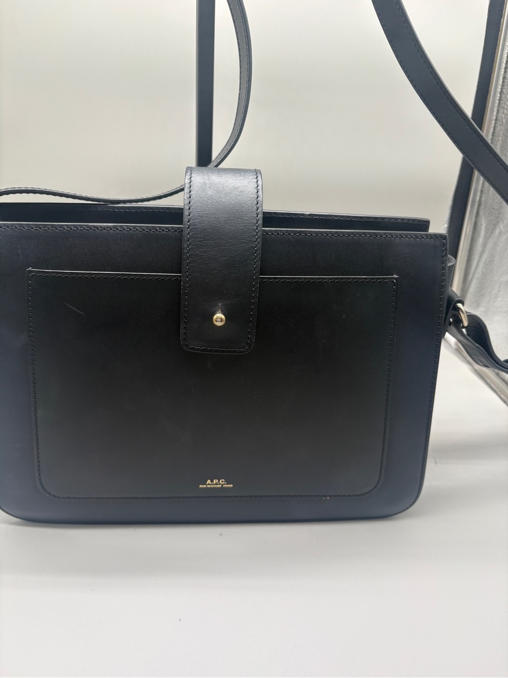 A.P.C. Black Leather Shoulder Bag with Front Pocket and Strap